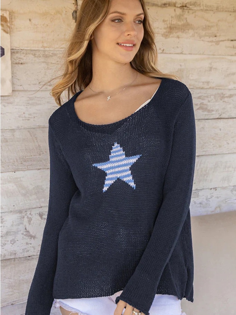 Wooden Ships Navy Estrella Open-Knit Star Crewneck Sweater
